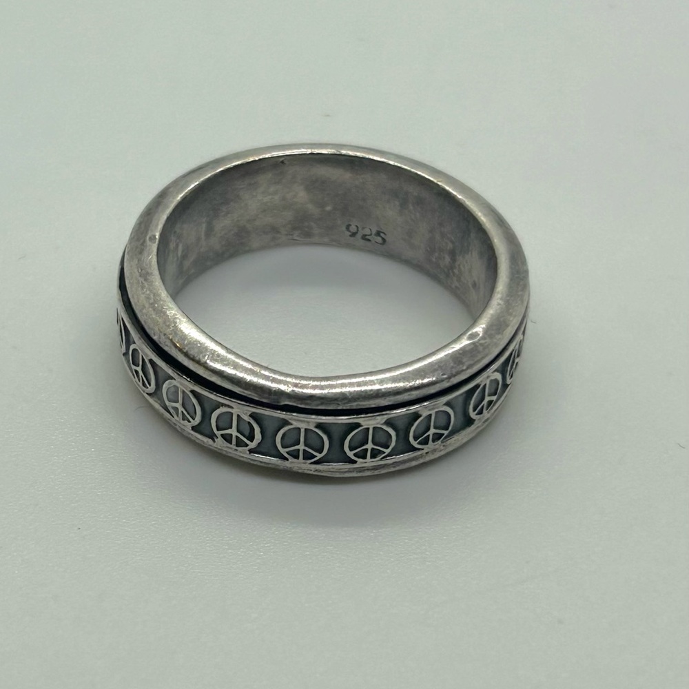 Vintage 925 Sterling Silver Mexico Peace Symbol Rotating Band Ring Size 8